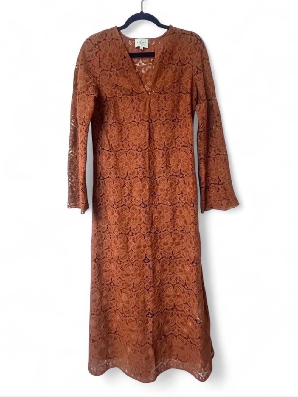 Sezane Caramel Lace Long-Sleeve Midi -Length Dress